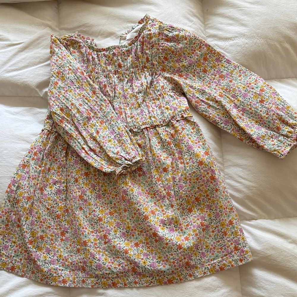 Zara Floral Long-Sleeve Dress in White, Pink, Yellow